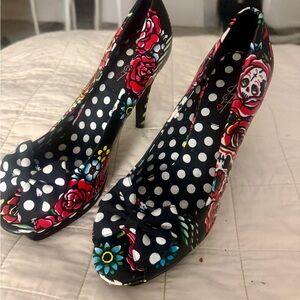 Polka Dot Floral Peep-Toe Heels - Black with Pink Rose Accents